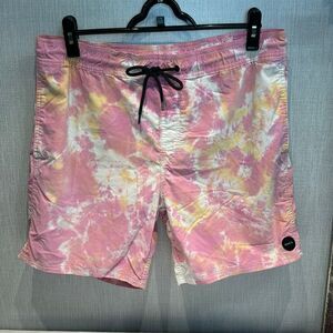 RVCA Mens Swim Trunks Manic Elastic Shorts Sz Large Pink Yellow Tie-Dye Pockets